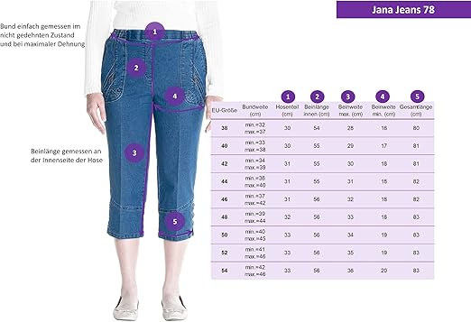 Jana - Damen Sommer Kurze Jeans 7/8 Länge, Stretch, Gummizug, Knopfverzierungen, Senioren Denim Schlupfhose