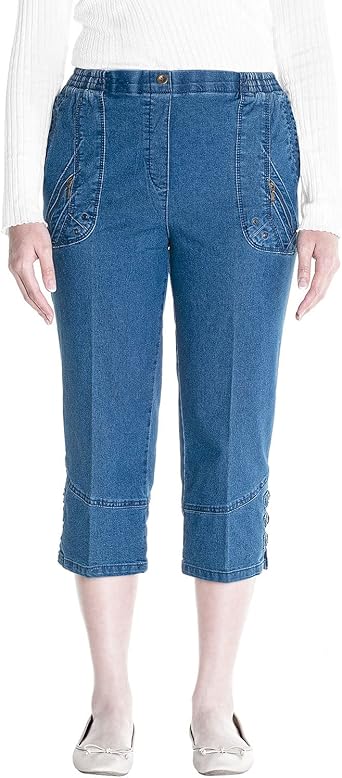 Jana - Damen Sommer Kurze Jeans 7/8 Länge, Stretch, Gummizug, Knopfverzierungen, Senioren Denim Schlupfhose