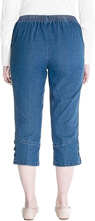 Jana - Damen Sommer Kurze Jeans 7/8 Länge, Stretch, Gummizug, Knopfverzierungen, Senioren Denim Schlupfhose