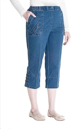 Jana - Damen Sommer Kurze Jeans 7/8 Länge, Stretch, Gummizug, Knopfverzierungen, Senioren Denim Schlupfhose