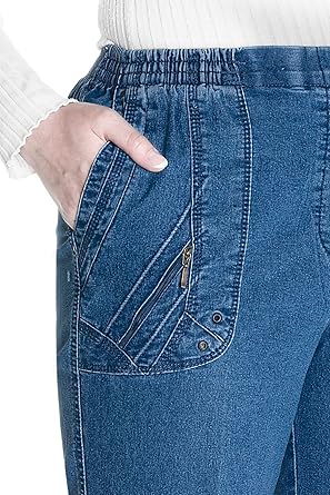 Jana - Damen Sommer Kurze Jeans 7/8 Länge, Stretch, Gummizug, Knopfverzierungen, Senioren Denim Schlupfhose