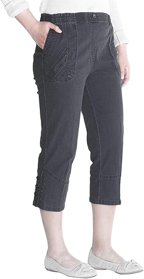 Jana - Damen Sommer Kurze Jeans 7/8 Länge, Stretch, Gummizug, Knopfverzierungen, Senioren Denim Schlupfhose