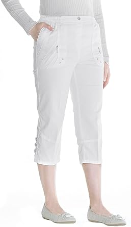 Jana - Damen Sommer Kurze Jeans 7/8 Länge, Stretch, Gummizug, Knopfverzierungen, Senioren Denim Schlupfhose