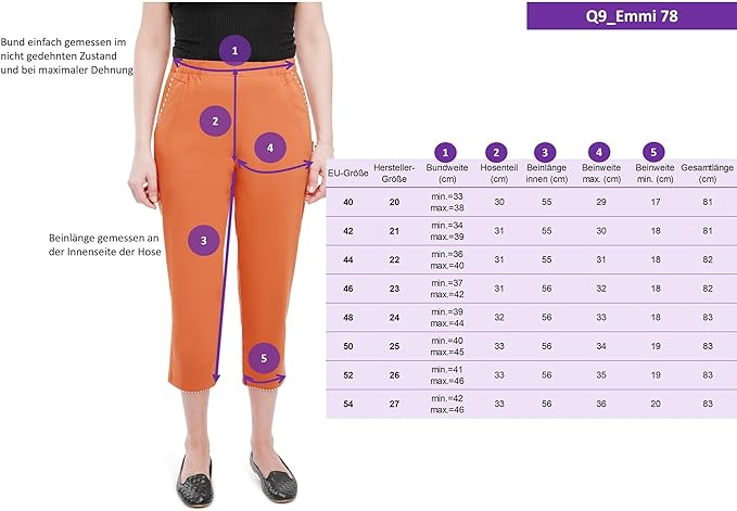 Emmi - Damen Sommer  lässige 7/8 Schlupfhose zum Krempeln, Gummizug, Stretch, Senioren Hose, Kurzgröße, gerader Schnitt, Hosentaschen