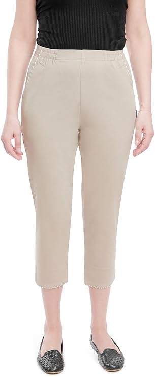 Emmi - Damen Sommer  lässige 7/8 Schlupfhose zum Krempeln, Gummizug, Stretch, Senioren Hose, Kurzgröße, gerader Schnitt, Hosentaschen