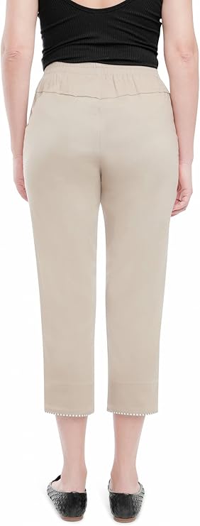 Emmi - Damen Sommer  lässige 7/8 Schlupfhose zum Krempeln, Gummizug, Stretch, Senioren Hose, Kurzgröße, gerader Schnitt, Hosentaschen