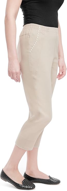 Emmi - Damen Sommer  lässige 7/8 Schlupfhose zum Krempeln, Gummizug, Stretch, Senioren Hose, Kurzgröße, gerader Schnitt, Hosentaschen