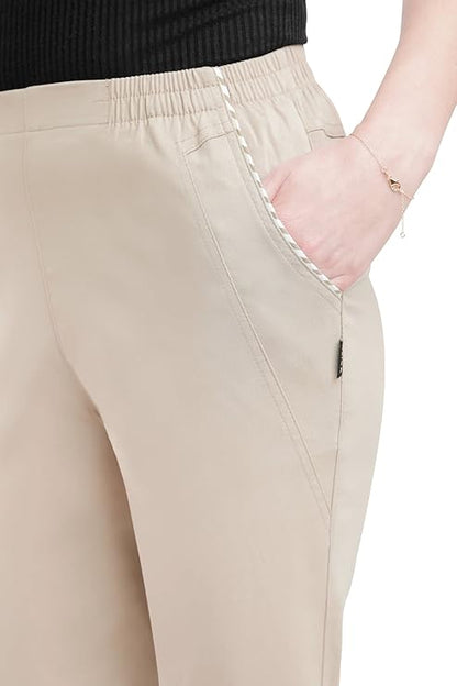 Emmi - Damen Sommer  lässige 7/8 Schlupfhose zum Krempeln, Gummizug, Stretch, Senioren Hose, Kurzgröße, gerader Schnitt, Hosentaschen