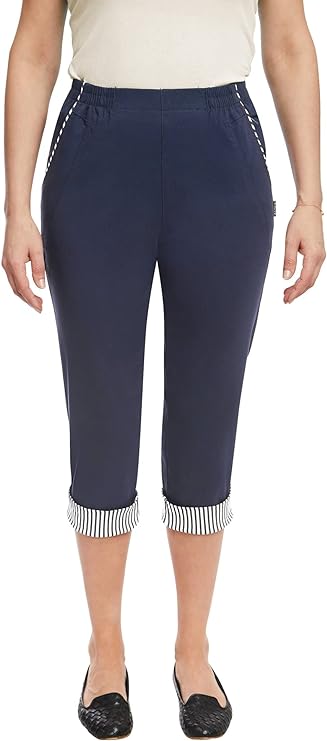 Emmi - Damen Sommer  lässige 7/8 Schlupfhose zum Krempeln, Gummizug, Stretch, Senioren Hose, Kurzgröße, gerader Schnitt, Hosentaschen