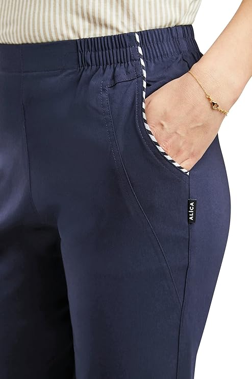 Emmi - Damen Sommer  lässige 7/8 Schlupfhose zum Krempeln, Gummizug, Stretch, Senioren Hose, Kurzgröße, gerader Schnitt, Hosentaschen