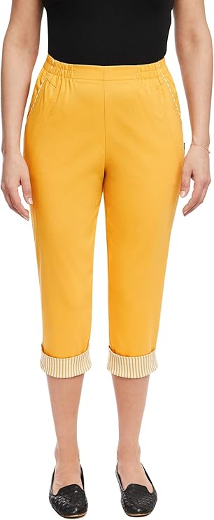 Emmi - Damen Sommer  lässige 7/8 Schlupfhose zum Krempeln, Gummizug, Stretch, Senioren Hose, Kurzgröße, gerader Schnitt, Hosentaschen