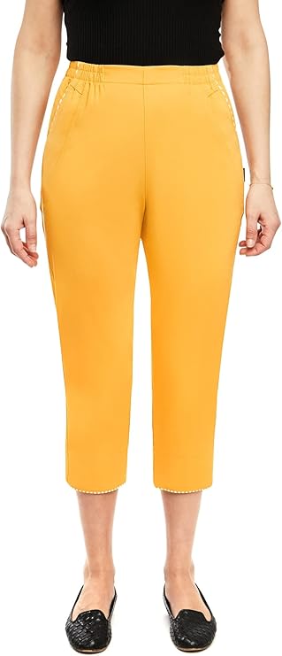 Emmi - Damen Sommer  lässige 7/8 Schlupfhose zum Krempeln, Gummizug, Stretch, Senioren Hose, Kurzgröße, gerader Schnitt, Hosentaschen