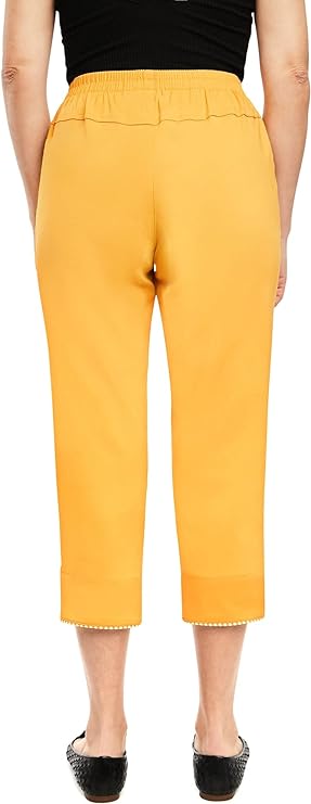 Emmi - Damen Sommer  lässige 7/8 Schlupfhose zum Krempeln, Gummizug, Stretch, Senioren Hose, Kurzgröße, gerader Schnitt, Hosentaschen