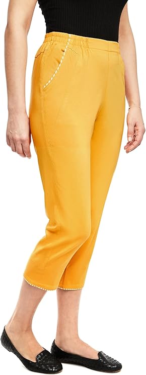 Emmi - Damen Sommer  lässige 7/8 Schlupfhose zum Krempeln, Gummizug, Stretch, Senioren Hose, Kurzgröße, gerader Schnitt, Hosentaschen