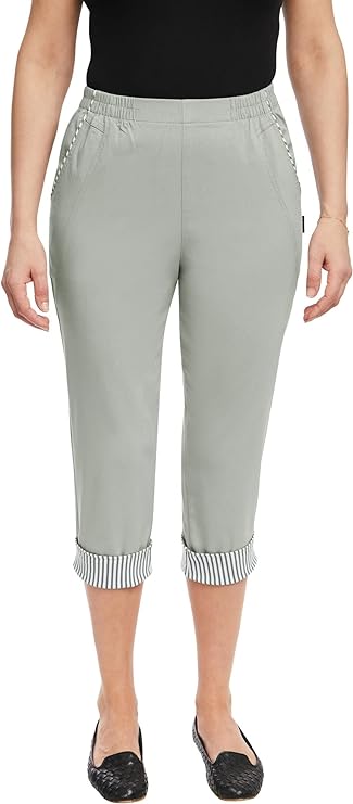 Emmi - Damen Sommer  lässige 7/8 Schlupfhose zum Krempeln, Gummizug, Stretch, Senioren Hose, Kurzgröße, gerader Schnitt, Hosentaschen