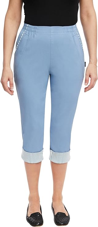 Emmi - Damen Sommer  lässige 7/8 Schlupfhose zum Krempeln, Gummizug, Stretch, Senioren Hose, Kurzgröße, gerader Schnitt, Hosentaschen