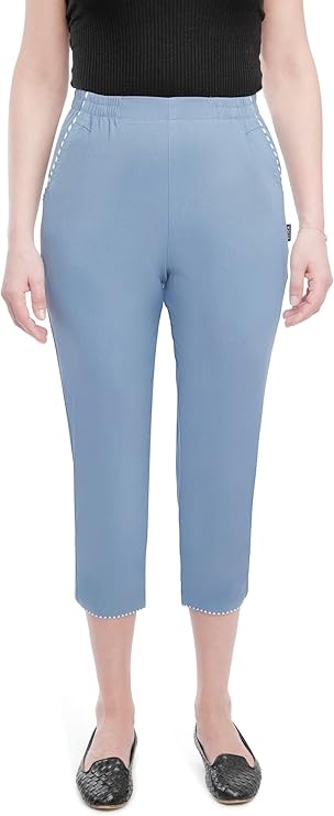 Emmi - Damen Sommer  lässige 7/8 Schlupfhose zum Krempeln, Gummizug, Stretch, Senioren Hose, Kurzgröße, gerader Schnitt, Hosentaschen