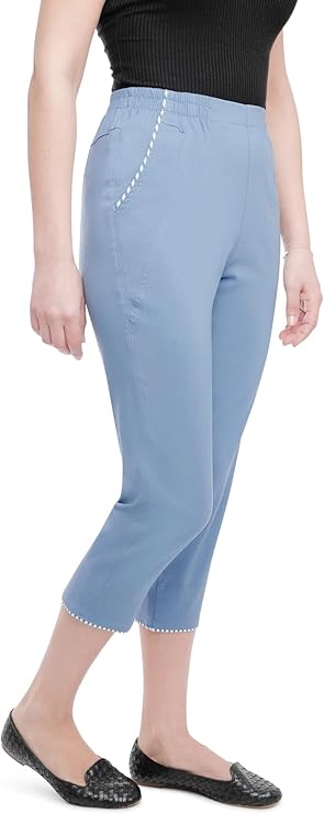 Emmi - Damen Sommer  lässige 7/8 Schlupfhose zum Krempeln, Gummizug, Stretch, Senioren Hose, Kurzgröße, gerader Schnitt, Hosentaschen