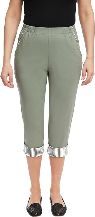 Emmi - Damen Sommer  lässige 7/8 Schlupfhose zum Krempeln, Gummizug, Stretch, Senioren Hose, Kurzgröße, gerader Schnitt, Hosentaschen