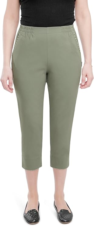 Emmi - Damen Sommer  lässige 7/8 Schlupfhose zum Krempeln, Gummizug, Stretch, Senioren Hose, Kurzgröße, gerader Schnitt, Hosentaschen