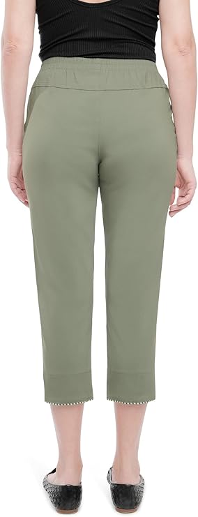 Emmi - Damen Sommer  lässige 7/8 Schlupfhose zum Krempeln, Gummizug, Stretch, Senioren Hose, Kurzgröße, gerader Schnitt, Hosentaschen