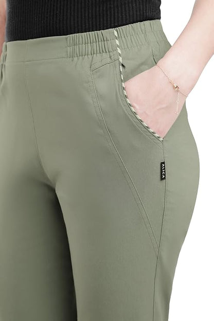 Emmi - Damen Sommer  lässige 7/8 Schlupfhose zum Krempeln, Gummizug, Stretch, Senioren Hose, Kurzgröße, gerader Schnitt, Hosentaschen