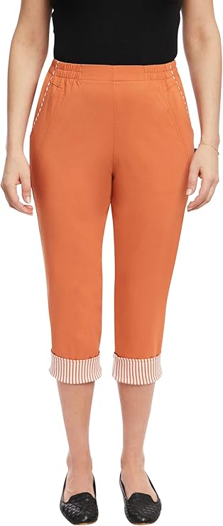 Emmi - Damen Sommer  lässige 7/8 Schlupfhose zum Krempeln, Gummizug, Stretch, Senioren Hose, Kurzgröße, gerader Schnitt, Hosentaschen