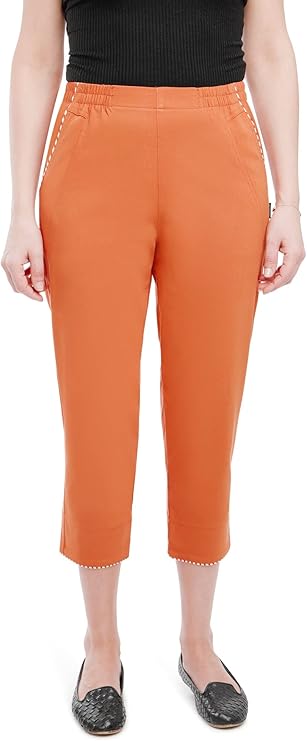 Emmi - Damen Sommer  lässige 7/8 Schlupfhose zum Krempeln, Gummizug, Stretch, Senioren Hose, Kurzgröße, gerader Schnitt, Hosentaschen