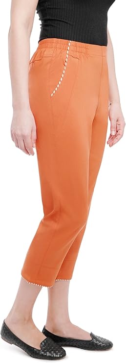 Emmi - Damen Sommer  lässige 7/8 Schlupfhose zum Krempeln, Gummizug, Stretch, Senioren Hose, Kurzgröße, gerader Schnitt, Hosentaschen