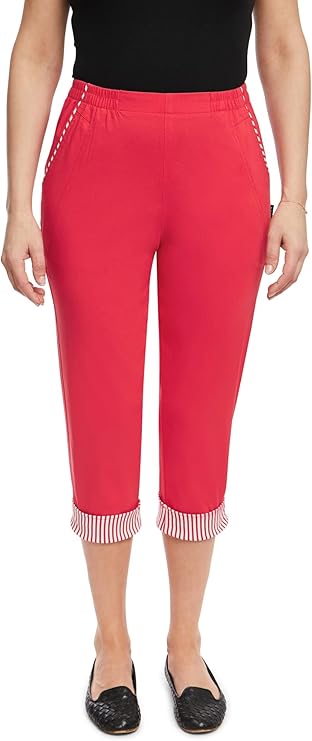 Emmi - Damen Sommer  lässige 7/8 Schlupfhose zum Krempeln, Gummizug, Stretch, Senioren Hose, Kurzgröße, gerader Schnitt, Hosentaschen