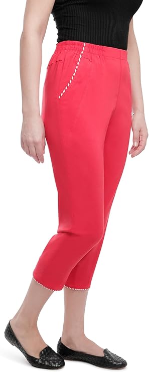 Emmi - Damen Sommer  lässige 7/8 Schlupfhose zum Krempeln, Gummizug, Stretch, Senioren Hose, Kurzgröße, gerader Schnitt, Hosentaschen