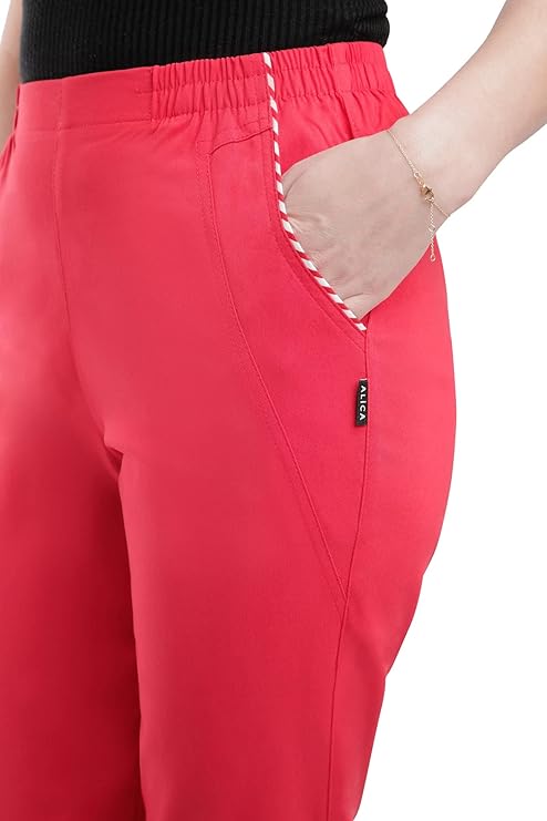 Emmi - Damen Sommer  lässige 7/8 Schlupfhose zum Krempeln, Gummizug, Stretch, Senioren Hose, Kurzgröße, gerader Schnitt, Hosentaschen