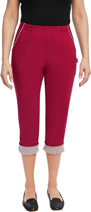 Emmi - Damen Sommer  lässige 7/8 Schlupfhose zum Krempeln, Gummizug, Stretch, Senioren Hose, Kurzgröße, gerader Schnitt, Hosentaschen