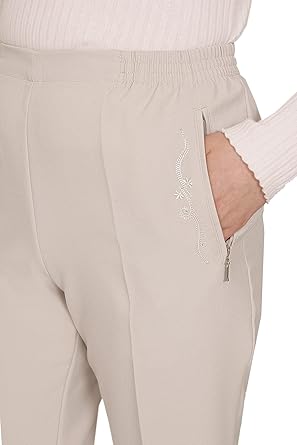 Ute Uni - Damen Sommer Schlupfhose mit schicker Stickerei, Gummizug, gerader Schnitt, Hosentaschen mit Reißverschluss, klassich einfarbig, unifarben