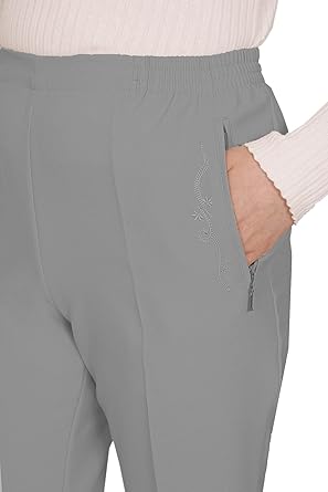 Ute Uni - Damen Sommer Schlupfhose mit schicker Stickerei, Gummizug, gerader Schnitt, Hosentaschen mit Reißverschluss, klassich einfarbig, unifarben