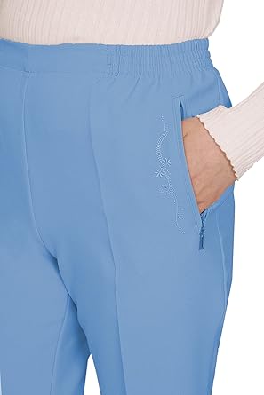 Ute Uni - Damen Sommer Schlupfhose mit schicker Stickerei, Gummizug, gerader Schnitt, Hosentaschen mit Reißverschluss, klassich einfarbig, unifarben