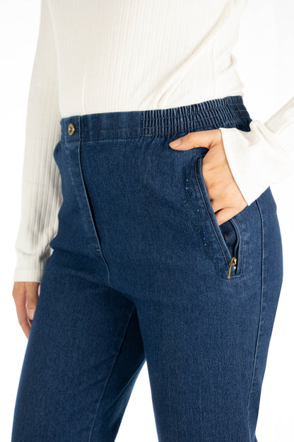 Jana - Damen Winter Schicke Jeans mit Gummibund, Stretch und geradem Schnitt, Schicke Schlupfhose mit Verzierungen