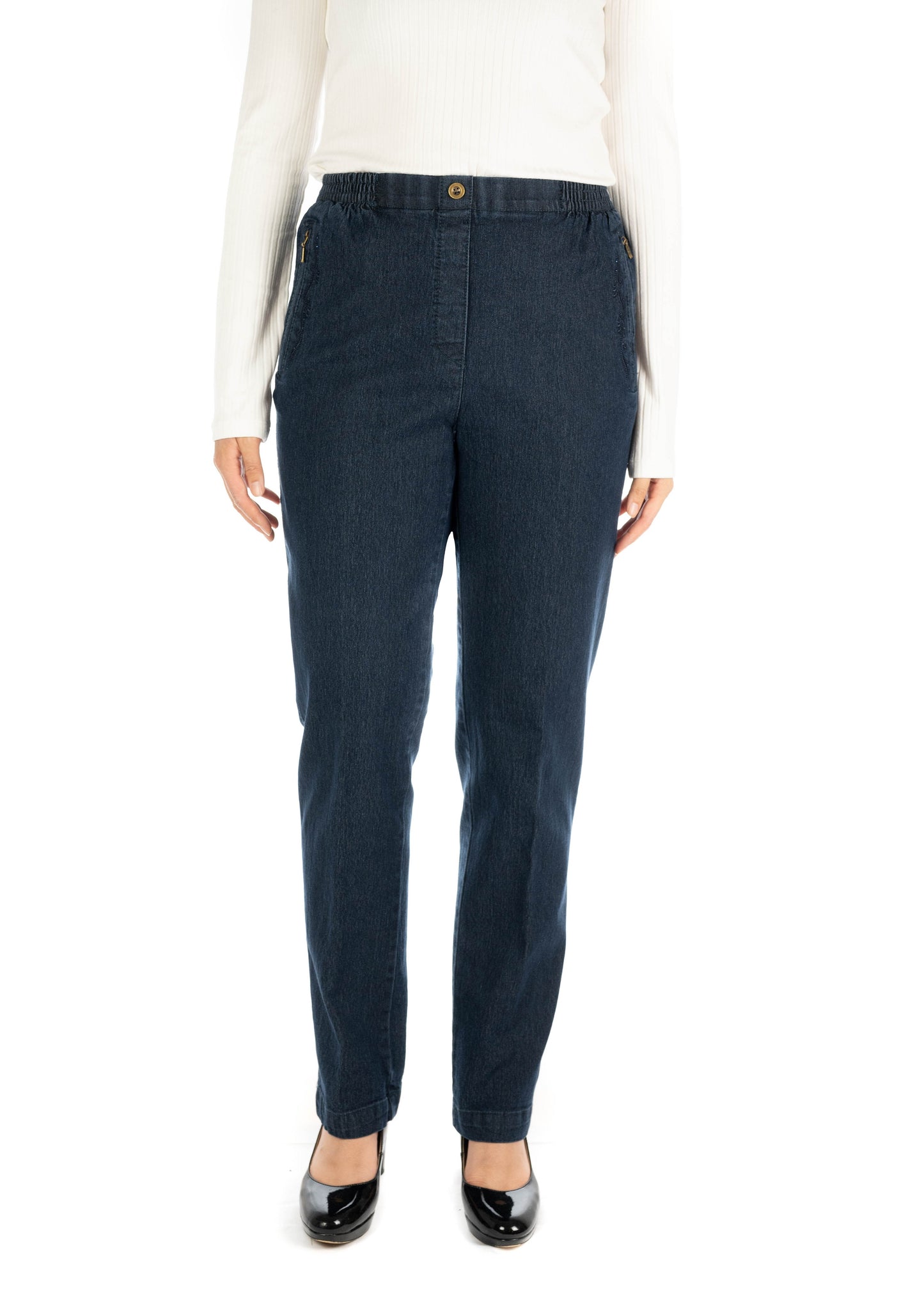 Jana - Damen Winter Schicke Jeans mit Gummibund, Stretch und geradem Schnitt, Schicke Schlupfhose mit Verzierungen