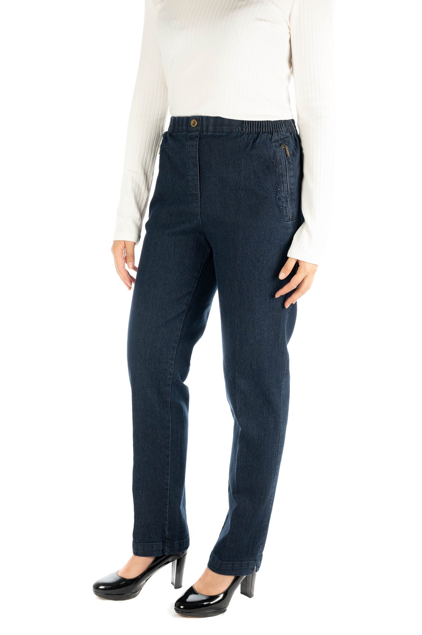 Jana - Damen Winter Schicke Jeans mit Gummibund, Stretch und geradem Schnitt, Schicke Schlupfhose mit Verzierungen