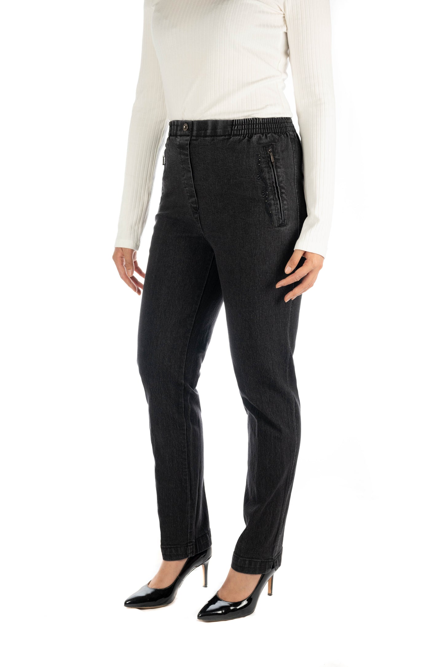 Jana - Damen Winter Schicke Jeans mit Gummibund, Stretch und geradem Schnitt, Schicke Schlupfhose mit Verzierungen