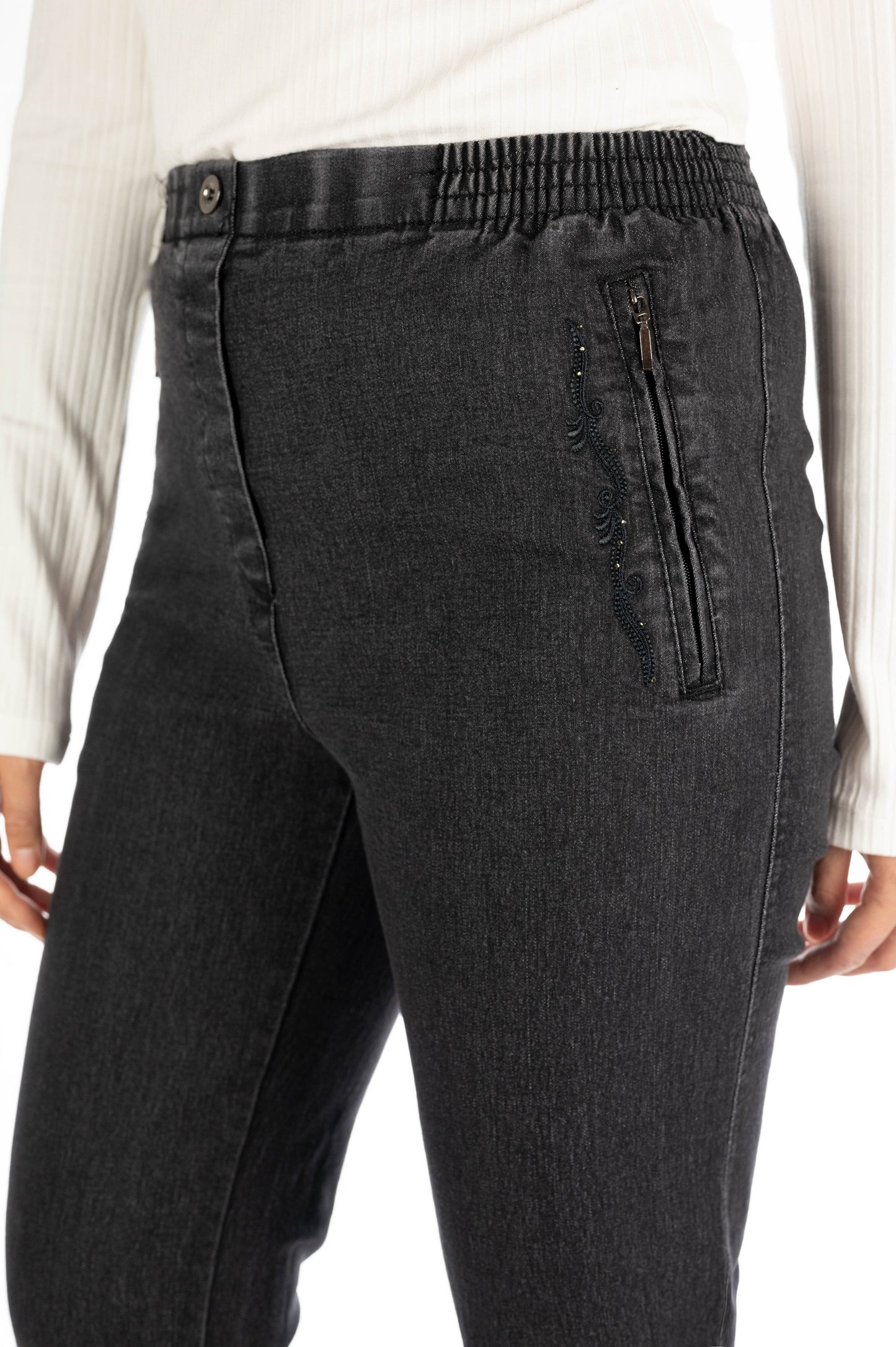 Jana - Damen Winter Schicke Jeans mit Gummibund, Stretch und geradem Schnitt, Schicke Schlupfhose mit Verzierungen