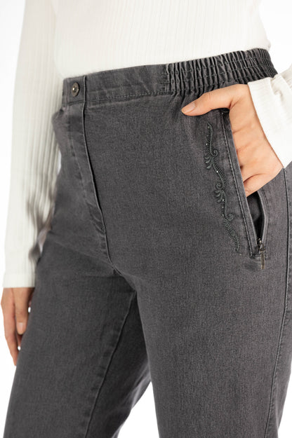 Jana - Damen Winter Schicke Jeans mit Gummibund, Stretch und geradem Schnitt, Schicke Schlupfhose mit Verzierungen