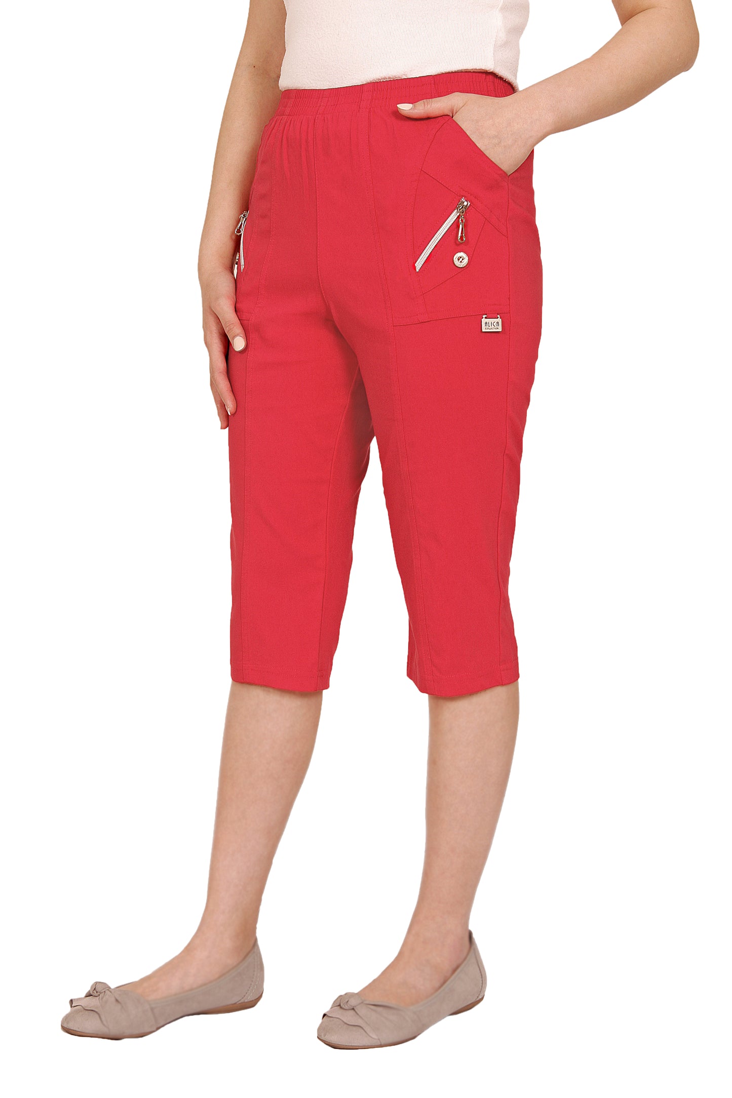 Emmi - Damen Sommer Kurze Dreiviertel Schlupfhose mit Gummizug, Stretch, Senioren Hose, Kurzgröße, gerader Schnitt, Hosentaschen