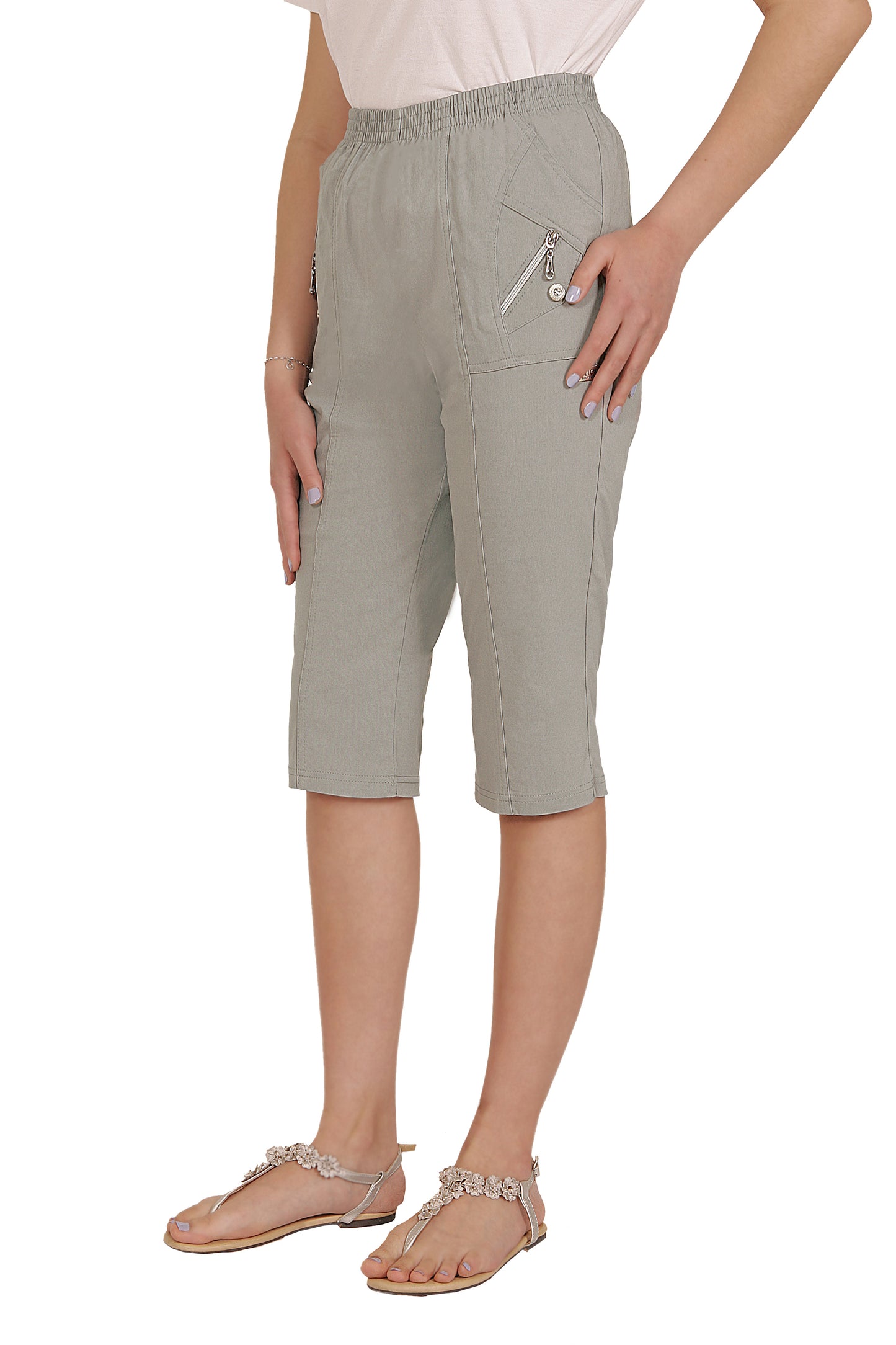 Emmi - Damen Sommer Kurze Dreiviertel Schlupfhose mit Gummizug, Stretch, Senioren Hose, Kurzgröße, gerader Schnitt, Hosentaschen