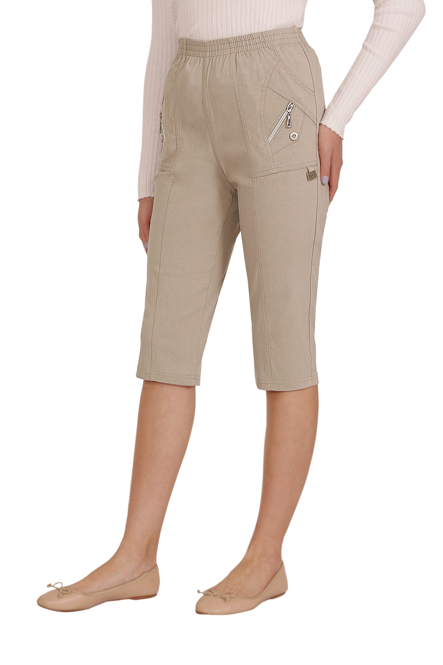 Emmi - Damen Sommer Kurze Dreiviertel Schlupfhose mit Gummizug, Stretch, Senioren Hose, Kurzgröße, gerader Schnitt, Hosentaschen