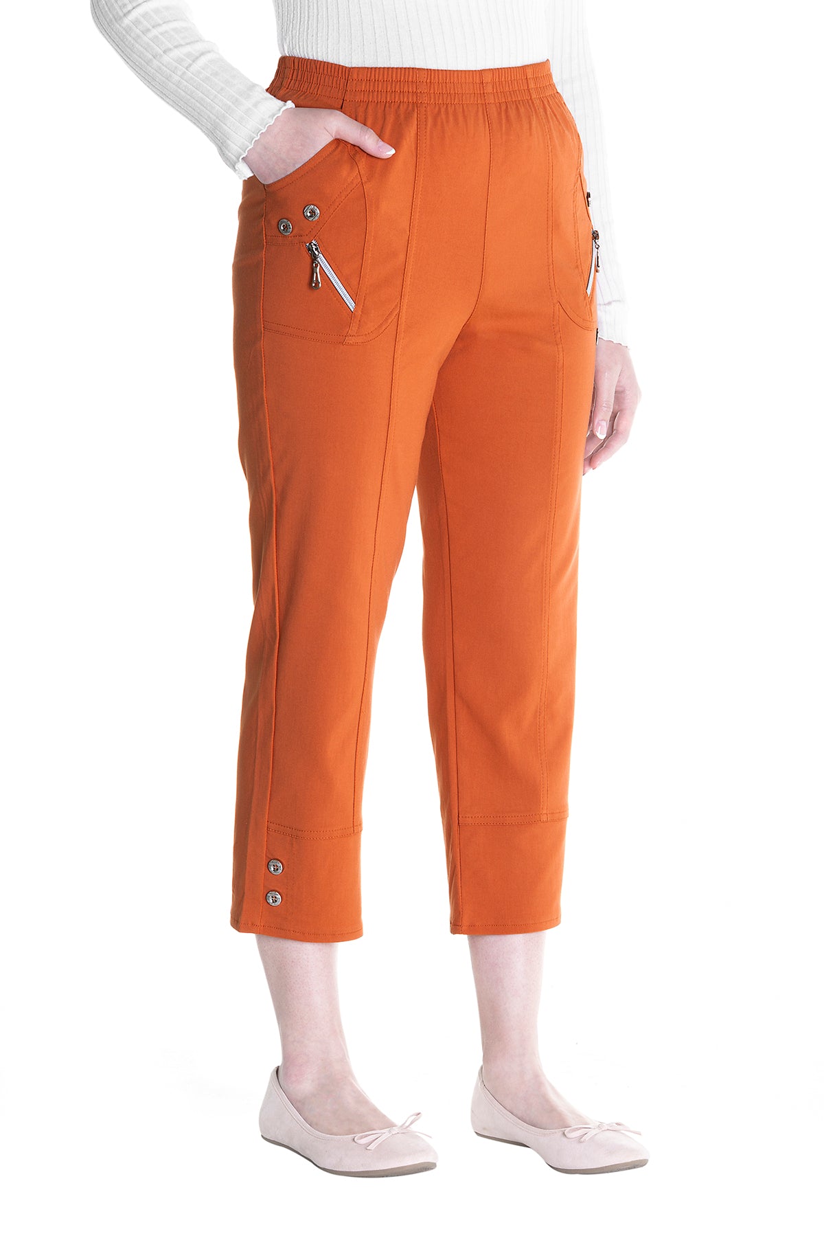 Emmi - Damen Sommer Kurze 7/8 Schlupfhose mit Gummizug, Stretch, Senioren Hose, Kurzgröße, gerader Schnitt, Hosentaschen