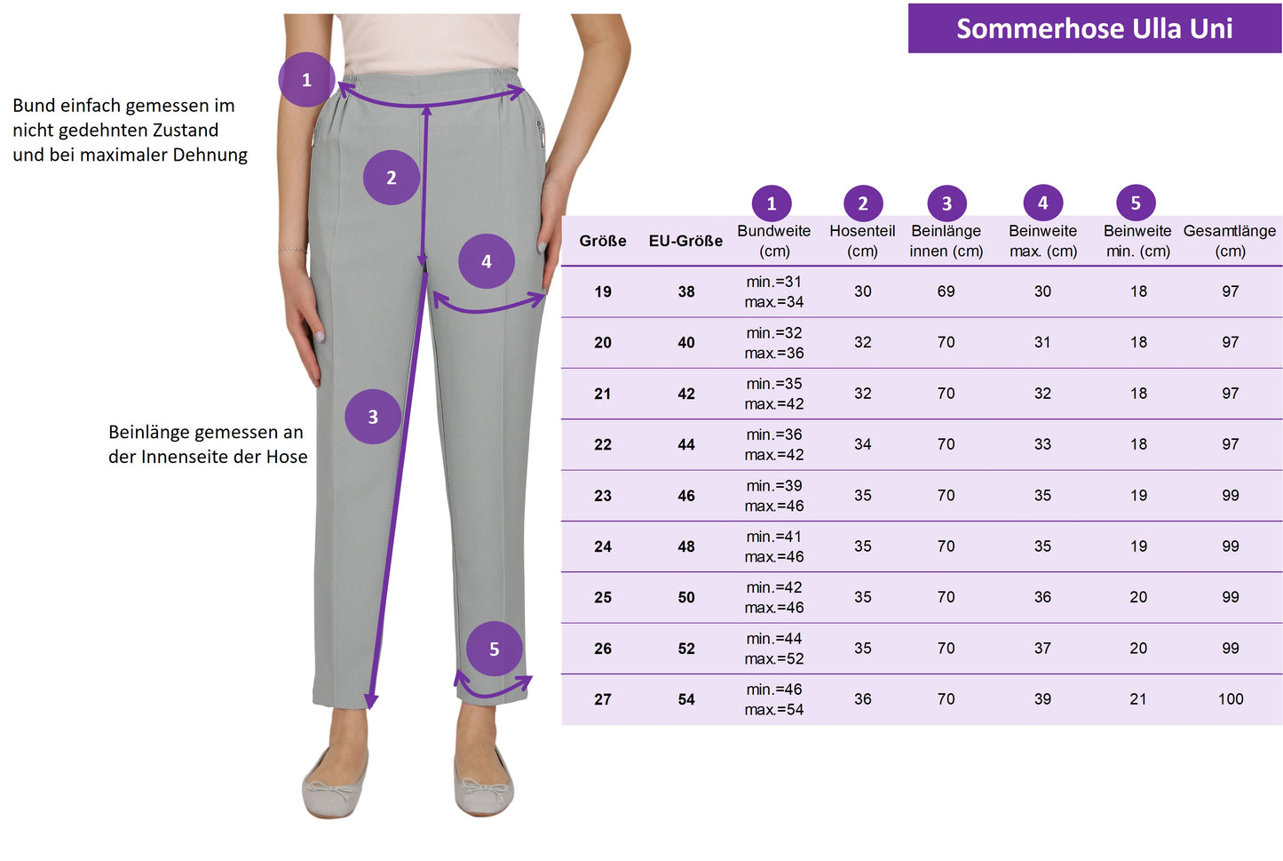 Ulla Uni - Damen Sommer Schlupfhose, Gummizug, gerader Schnitt, Hosentaschen mit Reißverschluss, klassich einfarbig, unifarben