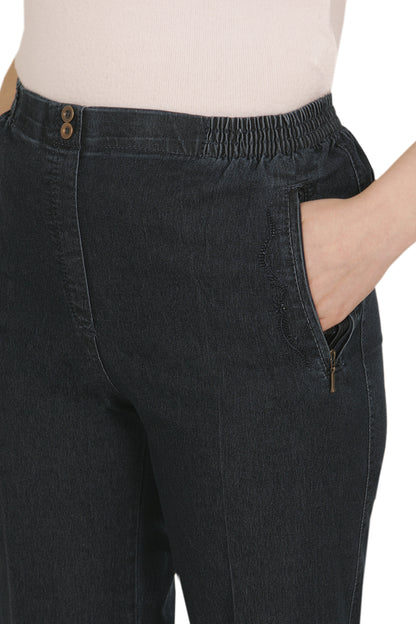 Jana - Damen Sommer Jeans mit schicker Stickerei, Gummizug, gerader Schnitt, Hosentaschen mit Reißverschluss, Senioren Schlupfhose