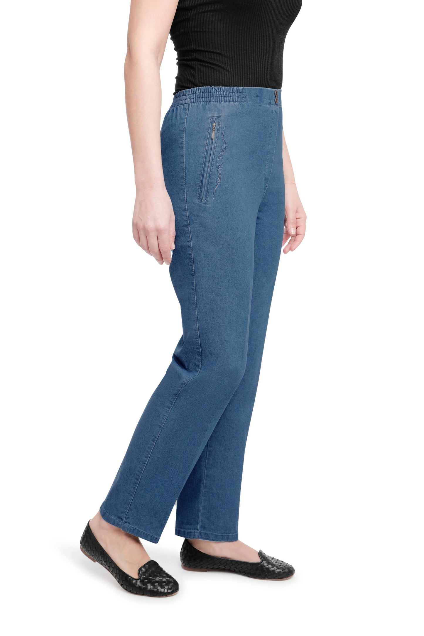 Jana - Damen Sommer Jeans mit schicker Stickerei, Gummizug, gerader Schnitt, Hosentaschen mit Reißverschluss, Senioren Schlupfhose