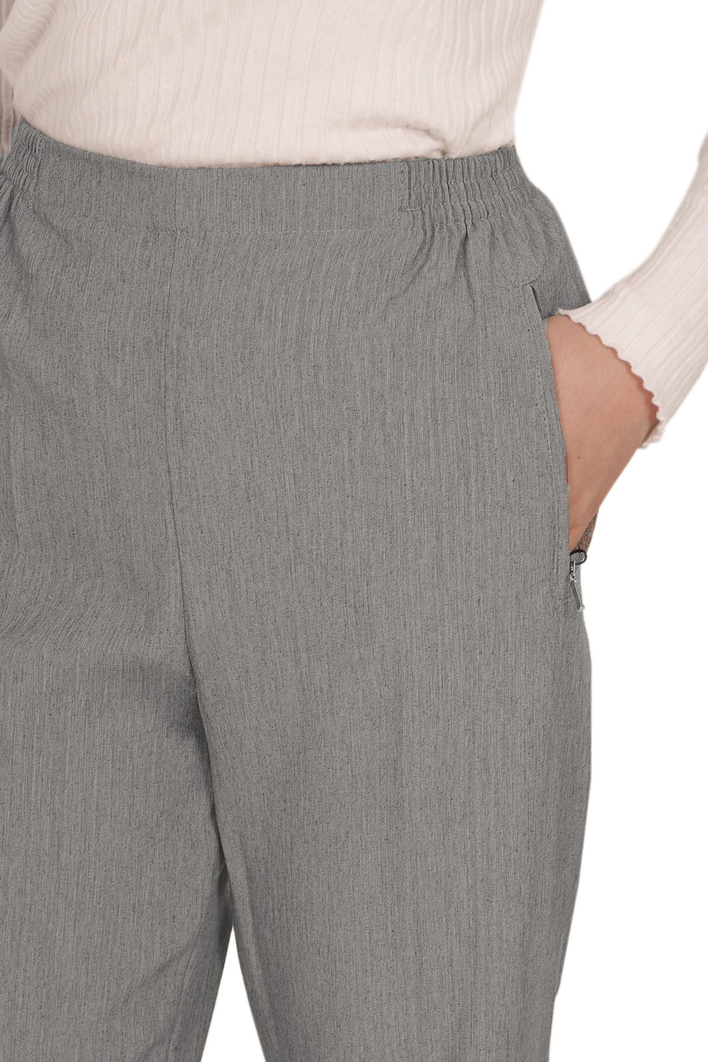 New Fashion - Damen Sommer Schlupfhose mit Stretch und Gummizug, gerader Schnitt, Hosentaschen mit Reißverschluss, meliert